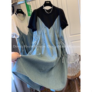 Oversized 300 jin French bubble-sleeved short-sleeved T-shirt spliced denim dress loose meat fake two pieces