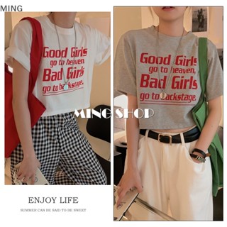 Ming American Retro เสื้อยืดลําลอง คอกลม แขนสั้น ทรงหลวม พิมพ์ลายตัวอักษร สไตล์อเมริกัน สําหรับสตรี