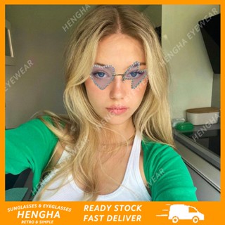 (HENGHA) แว่นกันแดด ไร้ขอบ รูปหัวใจ สายฟ้า ประดับเพชร สีแคนดี้ สําหรับปาร์ตี้