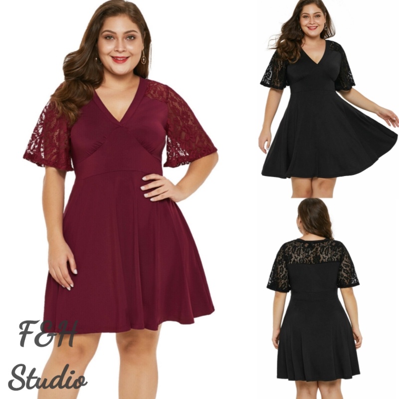 F&H 3530-2 สี XL-5XL Flattering V คอลูกไม้แขน Plus ขนาดชุด