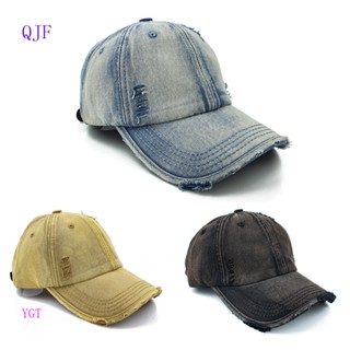 Qjf หมวกเบสบอล ผ้ายีน ลาย Distressed Jean สีดํา สีฟ้า