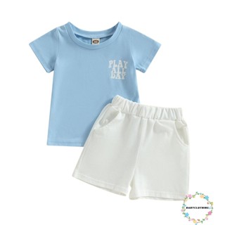 Babyclothes- ชุดเสื้อแขนสั้น พิมพ์ลายตัวอักษร และกางเกงขาสั้น สีขาว ลายทาง แฟชั่นฤดูร้อน สําหรับเด็กผู้ชาย