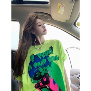 【TG-youzan】 100% Cotton Green Letter Print Short-Sleeve Loose T-shirt Female Summer American Retro Design Niche Top Ins ou4I