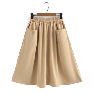 กระโปรงพลีท เอวยางยืด สีดํา สีกากี พลัสไซซ์ XL-4XL พร้อมกระเป๋า สําหรับผู้หญิง