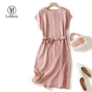 LeMetis ชุดเดรสแขนสั้น คอกลม ผ้าฝ้าย และผ้าลินิน สีพื้น สไตล์เรโทร สําหรับผู้หญิง