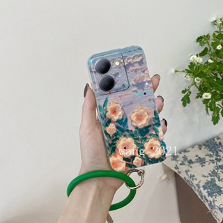 พร้อมส่ง ใหม่ เคสโทรศัพท์มือถือนิ่ม ลายดอกไม้ ประดับพลอยเทียม แวววาว พร้อมสายคล้องข้อมือ ทรงกลม สําหรับ VIVO Y36 4G 5G Y02T Y02A Y36 5G