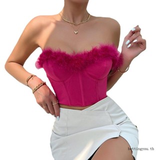 Bettingyou | | เสื้อครอปท็อป เกาะอก ประดับขนนก สําหรับผู้หญิง Y2k