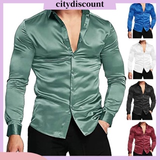 &lt;citydiscount&gt; เสื้อเชิ้ตคาร์ดิแกน แขนยาว ผ้าซาติน กระดุมแถวเดียว ให้ความอบอุ่น สีพื้น สําหรับผู้ชาย