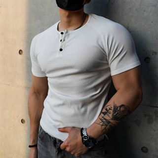 Jie Jifei Thick Thread Henley Shirt Mens Heavy Polo Shirt Sports Casual T-shirt Fitness Training Slim-Fit Short Sleeve ar6V