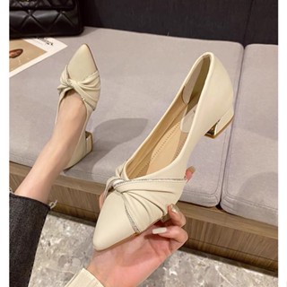 💕✨รองเท้าหนังปลายแหลม ส้นหนา รองเท้าทำงาน หนังนุ่ม💕 3 ตัวเลือกสี, Size 35-40, รองเท้าแฟชั่นสตรี