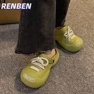 RENBEN สไตล์หวานและเท่ รองเท้าผูกเชือก รองเท้าแตะแจ๊กเก็ตสีทึบใหม่ของผู้หญิงและรองเท้าแตะกึ่งเลื่อน