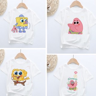 เสื้อยืดแขนสั้นลําลอง แบบนิ่ม พิมพ์ลาย SpongeBob SquarePants แฟชั่นฤดูร้อน สําหรับเด็กผู้ชาย และเด็กผู้หญิง อายุ 1-12 ปี