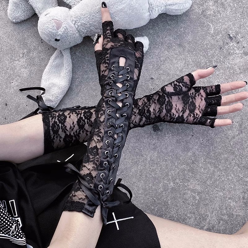 ถุงมือยาวครึ่งนิ้ว แต่งลูกไม้ ลายดอกไม้ สีดํา สไตล์โกธิค โลลิต้า เซ็กซี่ สําหรับผู้หญิง
