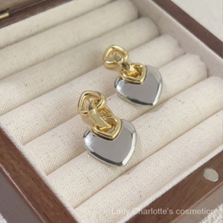 [0704]EH Korean Design Personality Gold and Silver Contrast Earrings Female Sterling Silver Needle Three-Dimensional Love Glazed Surface Ear Stud One Style for Dual-Wear Street sty