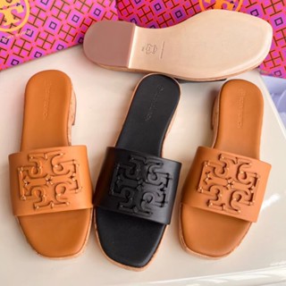 รองเท้าแตะลําลอง หนังแกะนิ่ม สองสี ลายโลโก้ Tory Burch