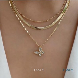 Fancy ใหม่ สร้อยคอโซ่แฟชั่น จี้รูปผีเสื้อ ดวงจันทร์ สามชั้น น่ารัก สําหรับผู้หญิง