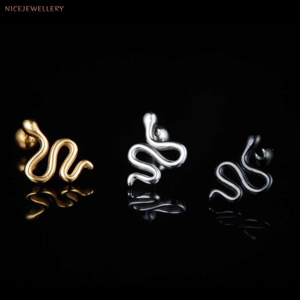 1 PC Gothic รูปแบบงูหู Studs 16G Punk ผ่าตัดเหล็กสตั๊ดต่างหูสีดํา Tragus กระดูกอ่อนเจาะ