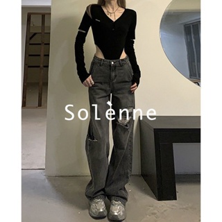 Solenne  กางเกงขายาว กางเกงยีสน์ผู้หญิง ทรงหลวม ๆ ตรง Retro Hip Hop Pants 2023 NEW Style สวย สบาย Comfortable fashion A27L074 36Z230909