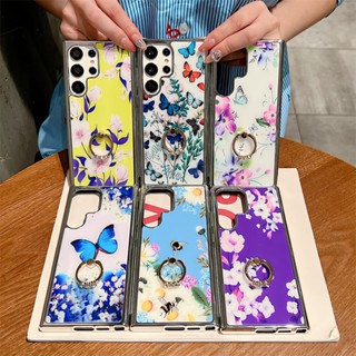 2-in-1 เคสโทรศัพท์มือถือชุบไฟฟ้า ลายผีเสื้อ ดอกไม้ พร้อมแหวนขาตั้ง หรูหรา สําหรับ Samsung Galaxy S23Ultra S21 S22 S23 Plus A14 A24 A34 A54 A53 A13