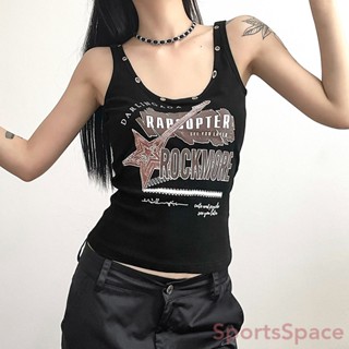 [SportsSpace]- เสื้อแขนกุด พิมพ์ลายร็อค สไตล์อเมริกัน ฮอต ประดับหมุด เข้ารูป สําหรับผู้หญิง