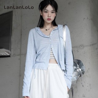 Lanlanlolo เสื้อคาร์ดิแกน ผ้าถัก มีฮู้ด ทรงหลวม สีพื้น สําหรับผู้หญิง 2023