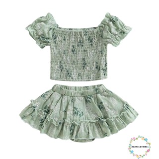 Babyclothes- ชุดเสื้อแขนสั้น คอปาด พิมพ์ลายดอกไม้ และกระโปรงสั้น สําหรับเด็กผู้หญิง 2 ชิ้น