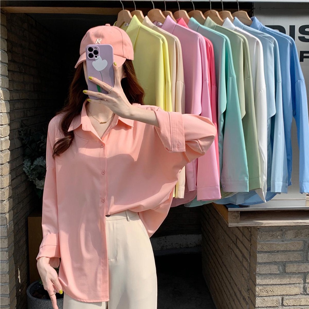 Lune_Grace.W255#เสื้อเชิ้ดแขนยาวคอปก สีซัมเมอร์ผ้าไหมอิตาลีแฟชั่นเกาหลี สไตล์ office มีไห้เลือก10สี