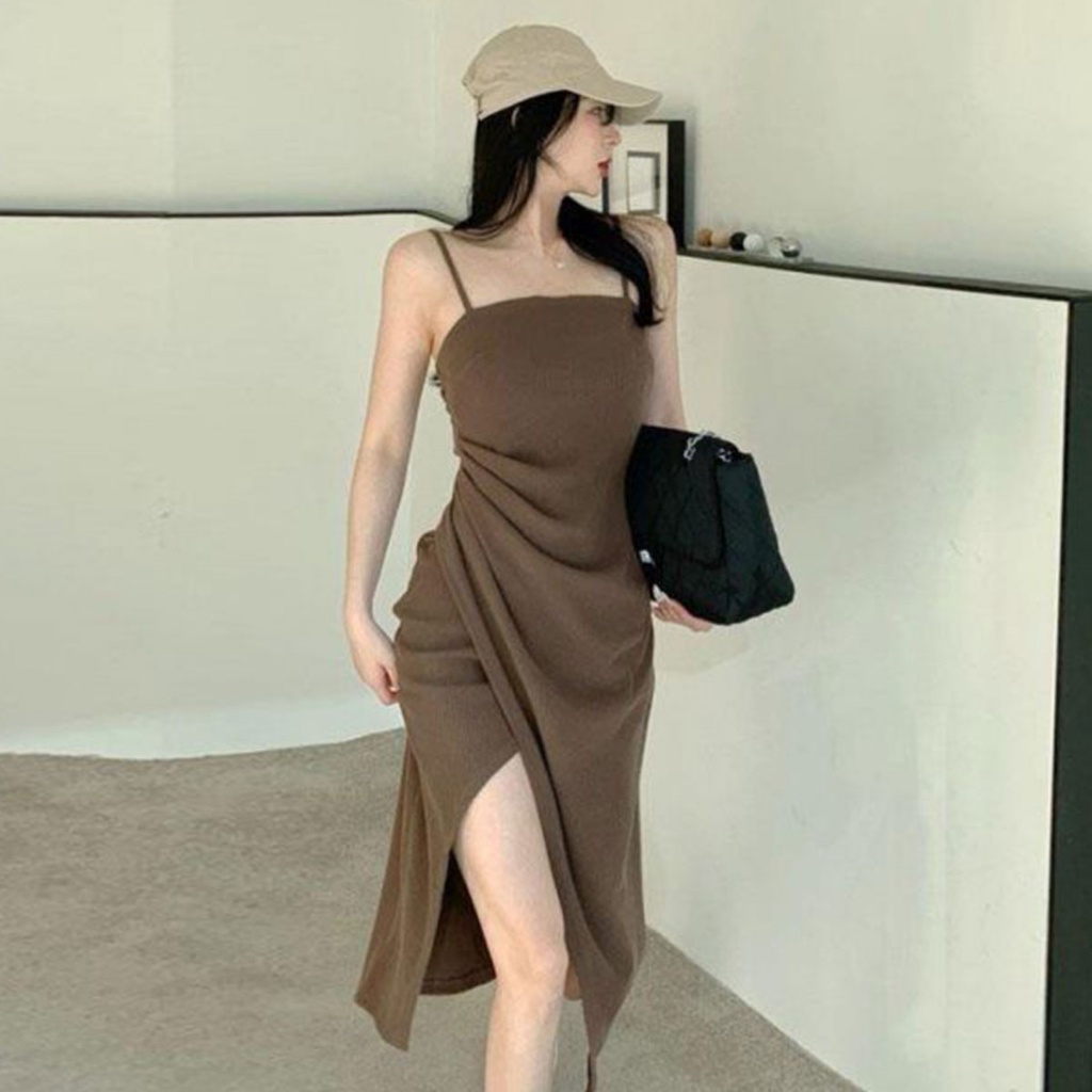 ชุดเดรสสายเดี่ยวผ่าหน้า เซ็กซี่เบาๆ ทรงสวย คอเหลี่ยมเเขนกุด สีพื้นๆ - รูปที่ 6