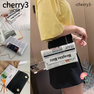 Cherry3 กระเป๋าสะพายไหล่ หนัง PU ทรงคลัทช์ ทรงสี่เหลี่ยม ลายหนังสือพิมพ์ แบบพกพา