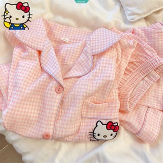 Sanrio Hello Kitty ชุดนอนผ้าฝ้าย ชุดนอนสั้น ผู้หญิง ชุดนอนฤดูใบไม้ร่วง ชุดนอนหวานและน่ารัก ชุดนอนหญิง บ้าน เสื้อผ้า [GM]