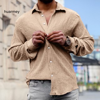 Huarmey เสื้อเชิ้ตคาร์ดิแกน คอปก กระดุมแถวเดียว สีพื้น ลําลอง เป็นทางการ สําหรับผู้ชาย