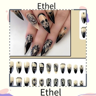 Ethel1 เล็บปลอม แบบยาว ถอดออกได้ ลายกะโหลก ดอกกุหลาบ ประดับพลอยเทียม สําหรับผู้หญิง