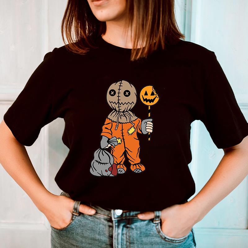 เสื้อยืดลําลอง คอกลม พิมพ์ลายกราฟฟิคฮาโลวีน ทรงหลวม แฟชั่นสําหรับสตรี