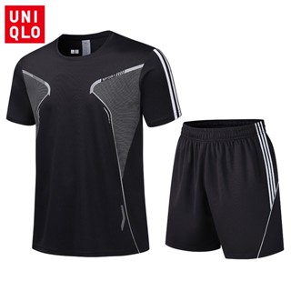 Uniqlo พร้อมส่ง ชุดกีฬา เสื้อยืดคอกลม กางเกงขาสั้น ผ้าเรยอน เหมาะกับฤดูร้อน สําหรับผู้ชาย เหมาะกับการวิ่ง ฟิตเนส สองชิ้น ไซซ์ M-5XL