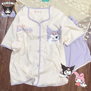 Sanrio Kuromi ชุดนอน เสื้อแขนสั้น กางเกงขาสั้น ลายการ์ตูนอนิเมะญี่ปุ่นน่ารัก สองชิ้น สําหรับผู้หญิง [GM]