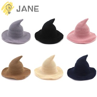 Jane หมวกแม่มด หมวกผ้าขนสัตว์ พับได้ สีพื้น สําหรับปาร์ตี้ฮาโลวีน