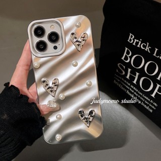 เคสโทรศัพท์มือถือ ลายหัวใจ ประดับมุก สีเงิน สําหรับ Apple Iphone 13promax 12 11 14pro