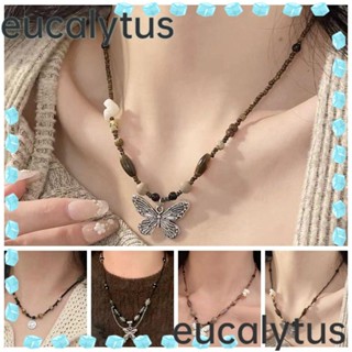 Eucalytus1 สร้อยคอ จี้ผีเสื้อ ไม้ คริสตัล โลหะ วินเทจ เชือกสีดํา เครื่องประดับ ของขวัญ โซ่ลูกปัดหิน แฮนด์เมด สไตล์พังก์ คอลเลียร์ ฮิปฮอป