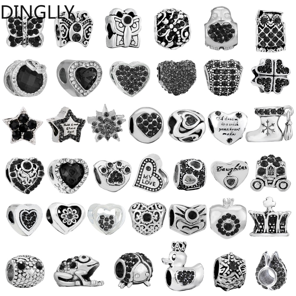Dinglly ลูกปัดอัลลอย รูปผีเสื้อ ประดับพลอยเทียม สีดํา สีเงิน สําหรับทําเครื่องประดับ Diy