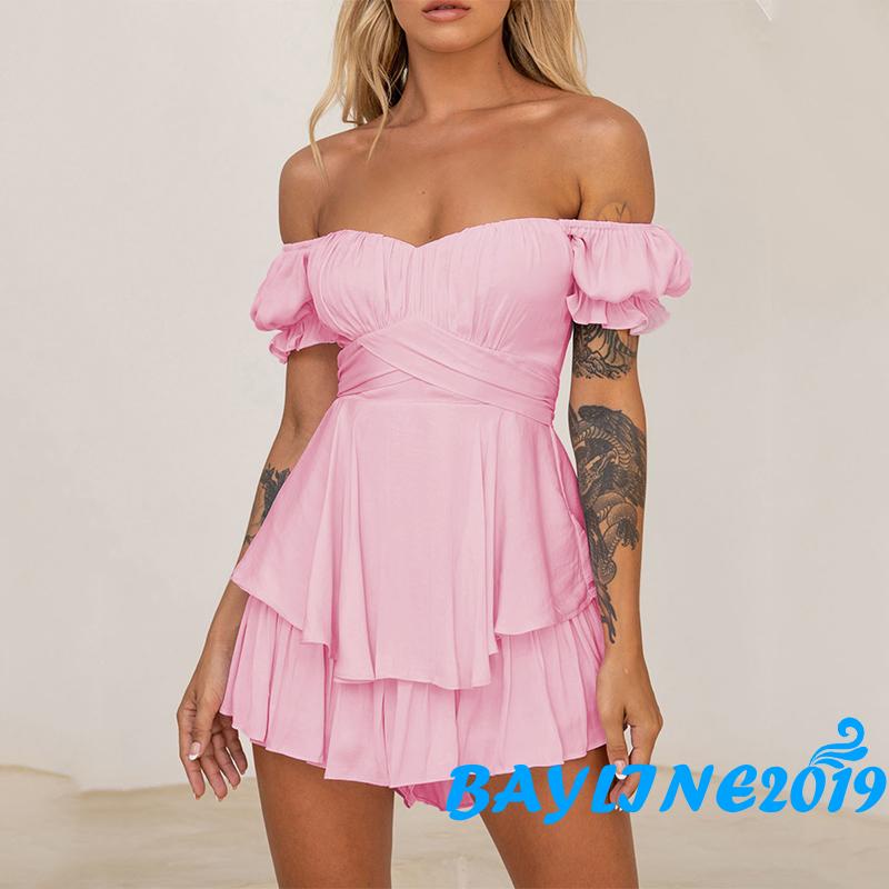 Bay-women จั๊มสูทขาสั้นแขนสั้นปิดไหล่ Solid Summer Playsuit สําหรับ Party Club