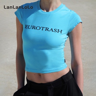 Lanlanlolo เสื้อยืดลําลอง คอกลม แขนสั้น เอวสูง เข้ารูป สีพื้น สําหรับสตรี 2023