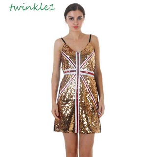 Twinkle1 ชุดเดรส คอวี เปิดไหล่ ปักเลื่อม วิบวับ เครื่องแต่งกาย สําหรับผู้หญิง