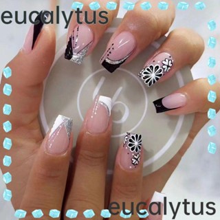 Eucalytus1 เล็บปลอม แบบกด สีดํา สีขาว 24 ชิ้น