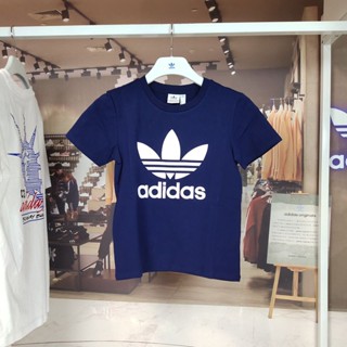 Adidas เสื้อยืดแขนสั้น ผ้าฝ้าย พิมพ์ลายโลโก้ ระบายอากาศ ขนาดใหญ่ สไตล์คลาสสิก สําหรับผู้หญิง