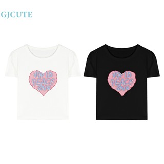 Gjcute เสื้อครอปท็อป คอกลม แขนสั้น พิมพ์ลายตัวอักษร ลําลอง แบบเข้ารูป เหมาะกับฤดูร้อน สําหรับผู้หญิง WTD