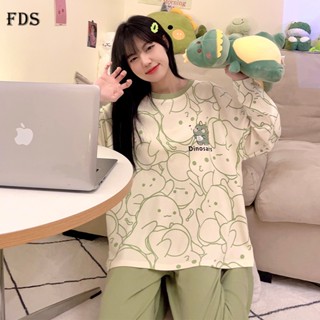 Fds สินค้าใหม่ ชุดนอน เสื้อแขนยาว กางเกงขายาว ลายการ์ตูนน่ารัก สีเขียวอ่อน แฟชั่นฤดูใบไม้ผลิ ฤดูใบไม้ร่วง สไตล์เกาหลี สําหรับผู้หญิง