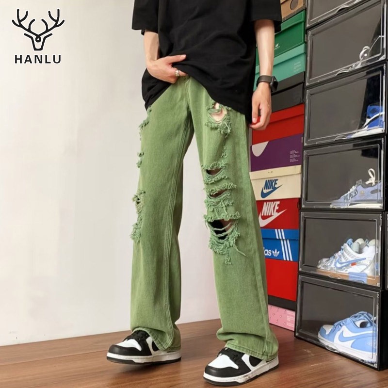 HANLU กางเกงยีนส์สีเขียวสไตล์อเมริกันของผู้ชายมีรูฉีกขอบดิบคุณภาพสูงอินเทรนด์ในกางเกงขายาวทรงตรงแนวสตรีท