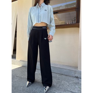 9XFS PRA * A 2023 autumn and winter New letter logo elastic belt casual pants Womens Classic fashionable simple straight pants trousers