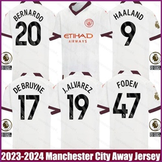 เสื้อกีฬาแขนสั้น ลายทีม Manchester City Away Bernardo Grealish Haaland Alvarez Foden DeBruyne Jersey 2023-2024 พลัสไซซ์