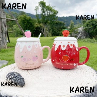 Karen แก้วกาแฟเซรามิค ลายสตรอเบอร์รี่น่ารัก พร้อมช้อน 500 มล. สําหรับเด็กผู้หญิง